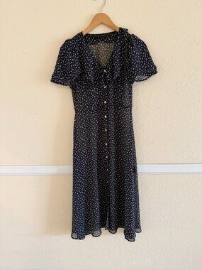 Christie Dawn Midi Sheer Floral Dress with Button Front and ruffle, Navy XS